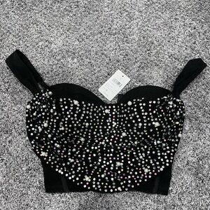Windsor Black Rhinestone and Pearl Crop Top